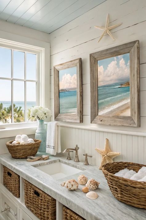 Transform your bathroom with these 23 stunning wall decor inspirations! From chic art pieces to creative tiling, discover ideas that add personality and elegance to your space. Click to explore and save this pin for your next bathroom makeover! Bathroom Remodel Beach Theme, Tropical Master Bath, Beach Cottage Style Bathroom, Bathroom Ideas Beach Theme, Seaside Bathroom Ideas, Small Beach Bathroom Ideas, Florida Bathroom Ideas, Small Beach Bathroom, Bathroom Ocean Theme