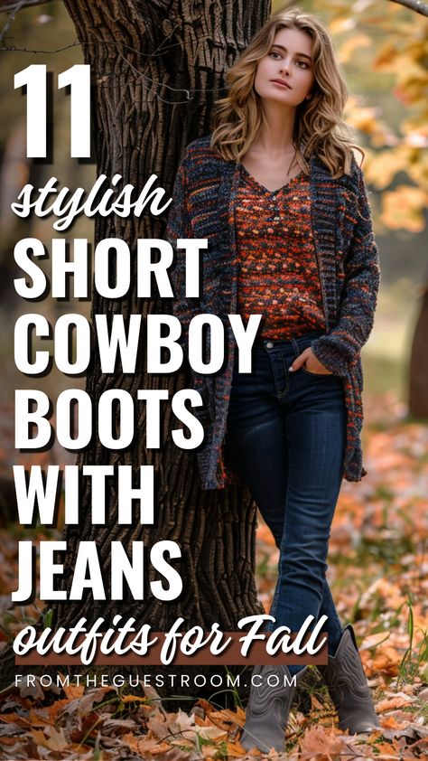 a woman wears short cowboy boots and jeans for fall, western outfits Ankle Cowboy Boots With Jeans, Cowboy Boots Outfit Fall Jeans, Cowboy Boots Over Jeans, How To Wear Western Ankle Boots, Outfits With Ankle Cowboy Boots, Ankle Cowgirl Boots Outfit, Outfits With Red Cowboy Boots, Cowboy Booties Outfit, Cowgirl Boots Outfit Fall