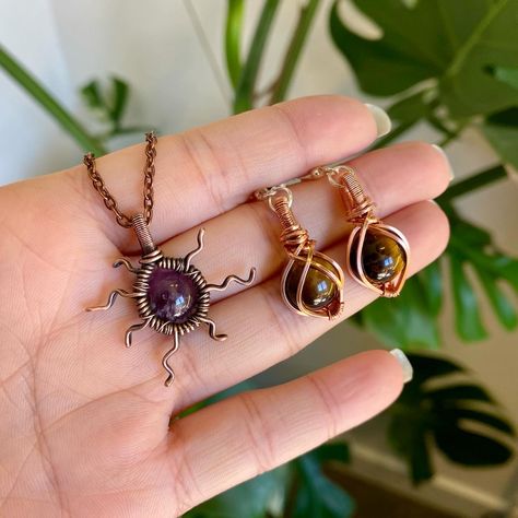 small restock today as i prep for @_steamptopia_ tomorrow! amethyst sun & tigers eye earrings 💕 - - - #wirewrappedpendant #wirewrapjewelry #wirewrappedcrystals #wirewrappendant #amethyst #tigerseye Woven Jewelry, Tiger Eye Earrings, Eye Earrings, Tigers Eye, Wire Wrapped Pendant, Wire Wrapped Jewelry, Tiger Eye, Tigers, Wire Wrapped