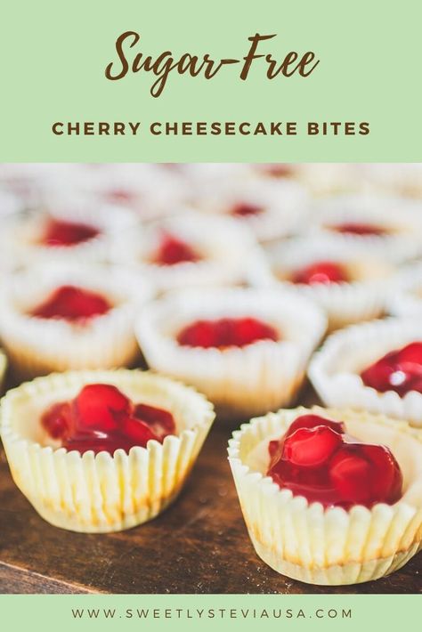 Sugar-free cherry cheesecake bites, yum! Perfect for a party or gathering, and everybody can have them! Sugar Free Cherry Desserts, Keto Cheesecake Bites Recipes, Keto No Bake Cheesecake Bites, Ww Cherry Cheesecake Jars, Low Carb Cherry Cheesecake, Keto Cheesecake With Cherry Pie Filling, Cherry Cheesecake Bites, Sugarfree Cheesecake Recipes, Low Sugar Dessert Recipes