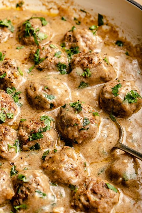 Easy Skillet Swedish Meatballs - The Defined Dish Turkey Swedish Meatballs, Slow Cooker Swedish Meatballs, Meatball Stroganoff, Easy Skillet, Meatballs Easy, Swedish Meatballs, Recipe For Mom, Meatball Recipes, Side Salad