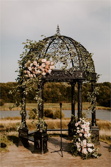 Metal Gazebo Wedding Decorations, Wedding Flowers Gazebo, Floral Gazebo Decor, Gazebo Floral Wedding, Wedding Gazebo Flowers, Gothic Gazebo, Bavaria Downs, Gazebo Wedding Decorations, Wedding Gazebo