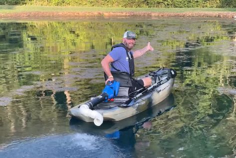 Gerald Swindle Builds A Leaf Blower Powered Kayak (Video) | Kayak Angler Fishing Kayak Mods, Kayak Mods, Motorized Kayak, Kayak Fish Finder, Kayak Fishing Diy, Boating Accessories, Angler Kayak, Diy Fishing, Kayak Fishing Gear