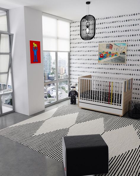 Hypebeast Nursery, Modern Nursery Black And White, Black And White Striped Nursery, Black And White Checkered Nursery, Black And White Rug Baby Room, Boy Room Themes, Space Themed Room, Scandinavian Nursery, Baby Room Neutral