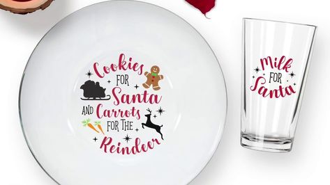 Cookies and Milk for Santa Plate and Cup with Cricut or Silhouette - YouTube Santa Cookie Plates, Circuit Gifts, Charger Plate Ideas, Cookies And Milk For Santa, Santa Plates, Projet Cricut, Milk And Cookies For Santa, Milk For Santa, Cup And Plate