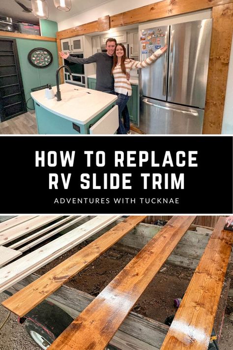 If you're doing an RV renovation, you may want to consider replacing your RV slide trim. In this post, we're sharing how to replace RV slide trim during an RV remodel. If you are planning to renovate an RV soon, save this pin so you'll know how to replace RV slide trim in a travel trailer! Trim Around Camper Door, Rv Slide Out Decor, Simple Rv Updates, Camper Slide Out Trim, Diy Camper Slide Out, Rv Slide Out Trim, Camper Slide Out Remodel, Rv Renovation Ideas 5th Wheels, Rv Slide Out Remodel