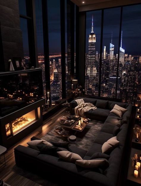 ♔ Penthouses aux Décors Sombres Luxury Nyc Penthouses, New York Penthouse Aesthetic, Luxury Penthouse Living Room, Dream Penthouse, Penthouse Aesthetic, Penthouse Living Room, Dark Luxury, Modern Luxury Home, City Penthouse