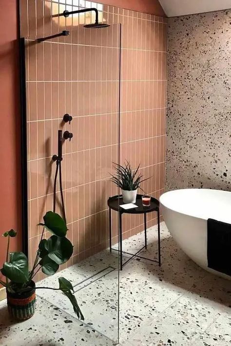 52 Warm Terracotta Tile Ideas For Bathrooms - Shelterness Bathroom Terazzo Idea, Terracotta Bathroom Tiles, Bathroom Terrazzo, Large Tile Bathroom, Terracotta Bathroom, Beige Terrazzo, Ideas For Bathrooms, Cosy Bathroom, Neutral Bathroom Decor