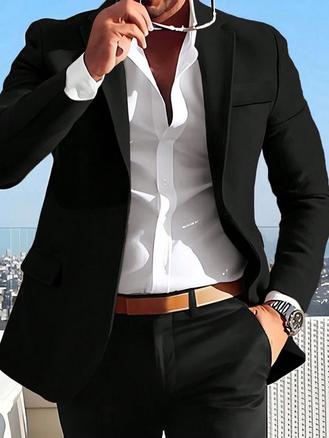 Black Casual Collar Long Sleeve Fabric Plain Regular Embellished Non-Stretch  Men Clothing Man With Blazer, Lawyer Outfit Men Casual, Wedding Male Outfit, Business Man Outfit, Blazer Outfit For Men, Outfit Formal Hombre, Formal Shirt Pant, Prom Male, Suit Wardrobe