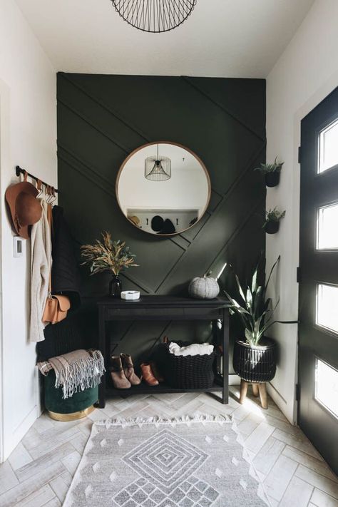 Minimalist Fall Decor, Green Ottoman, Modern Fall Decor, Modern Entryway, Wood Accent Wall, Floating Shelves Diy, Living Room Green, Modern Home Office, Green Rooms