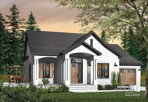 House plan 2 bedrooms, 2 bathrooms, garage, 3213 | Drummond House Plans House Plans With Porch, One Story House Plans, 1 Story House, One Story House, Drummond House Plans, Building A Porch, Open Concept Layout, A Small House, Garage House Plans