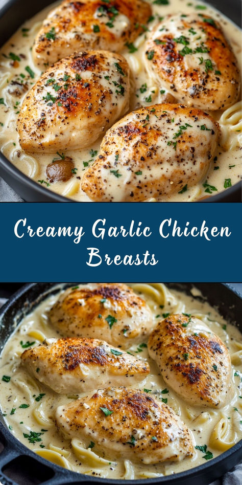 This creamy garlic chicken breast recipe is rich, comforting, and loaded with flavor. Tender chicken breasts are cooked in a luscious garlic cream sauce, perfect for serving over pasta, mashed potatoes, or with crusty bread. A quick and easy dinner your family will love! Creamy Garlic Chicken Breast, Garlic Chicken Breast Recipes, Garlic Cream Sauce, Creamy Garlic Chicken, Chicken Breast Recipe, Tender Chicken Breast, Breast Recipe, Creamy Garlic, Quick And Easy Dinner