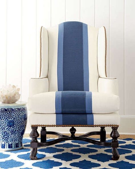 Blue Wingback Chair, Navy House, Wingback Chair Covers, Blue Interiors, Interesting Interiors, Striped Chair, Dream Interior, Sofa Chairs, Mediterranean Decor