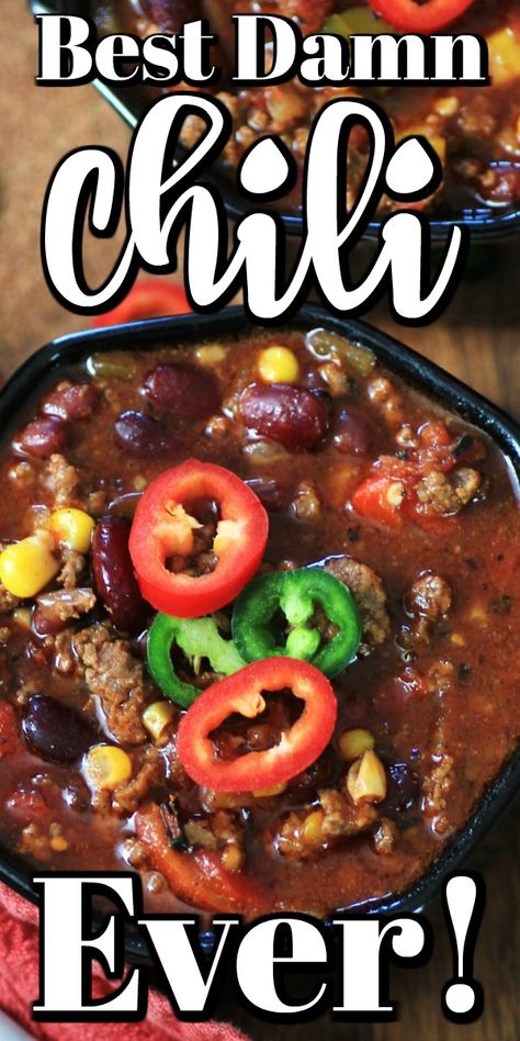 Chili Best Ever, Savory Chili Recipe Crockpot, Gameday Chili, Best Damn Chili Recipe, Best Damn Chili, Chili Charcuterie, Best Ever Chili, Game Day Chili Recipe, Best Chili Ever