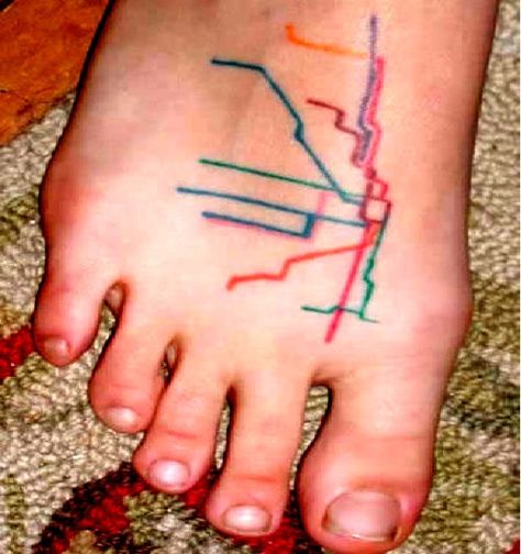 Subway lines-Craziest foot tattoos Hometown Tattoo, Magical Tattoos, Rad Tattoos, Map Tattoo, Chicago Tattoo, Think Tattoo, See Tattoo, Pride Tattoo, Patriotic Tattoos