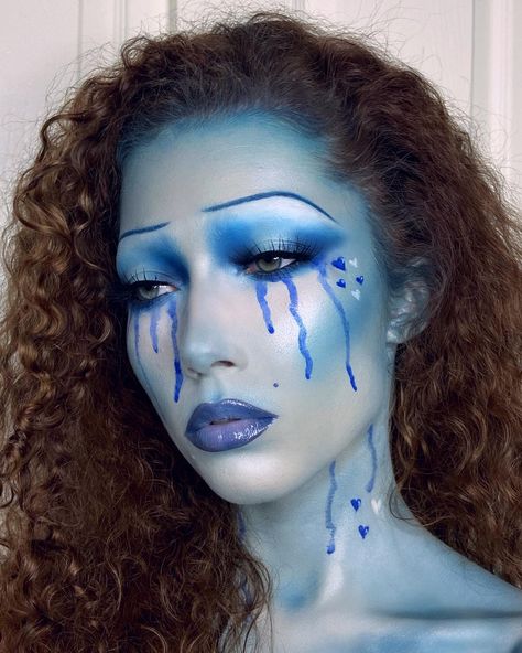 Media Makeup Ideas, Emotions As Makeup, Blue Face Paint Makeup, Blue Makeup Halloween, Makeup Inspired By Emotions, Water Inspired Makeup, Blue Clown Makeup, Blue Halloween Makeup, Crying Makeup