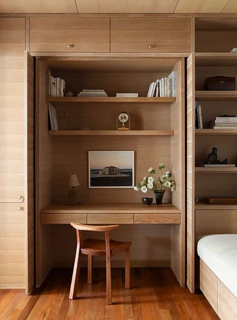 Modern refuge on the shores of San Juan Island gets a marvelous update Hidden Desk Built In, Built In Workspace, Desk Next To Fireplace, Built In Office, Closet Turned Office, House Mediterranean, 70s House, Built In Cabinet, San Juan Island