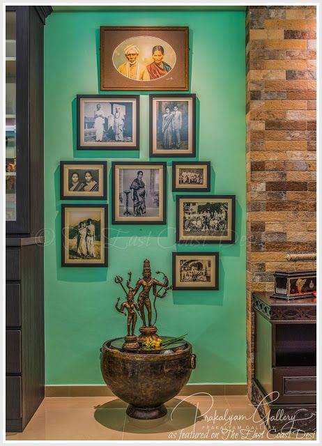 the east coast desi House With Plants, Mint Green Walls, Vintage Brass Decor, India Home Decor, Family Photo Wall, Indian Interiors, Green Wall Decor, Ethnic Home Decor, Photo Wall Decor