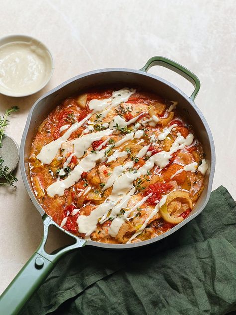 Fennel and Tomato Braised Fish with Creamy Tahini - Liv Kaplan | Healthy Recipes Braised Fish, Tahini Recipe, Berry Compote, White Fish, Chutney Recipes, Most Popular Recipes, Weekly Menu, Fish Fillet, Healthy Chef