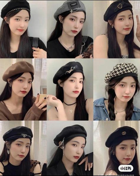 Korean Outfit With Beret Hat, Kpop Beret Outfit, Hairstyles With Beret Hats, Berrets Outfits Aesthetic, Korean Hat Outfit, Hairstyle With Beret, Beret Hat Hairstyles, Beret Hat Outfit Korean, Outfits With Beret Hats