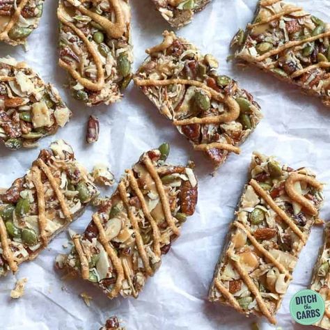 Easy Keto Peanut Butter Granola Bars (no-bake dairy-free) – Ditch The Carbs Sugar Free Granola Bars, Bake Granola Bars, Low Carb Granola Bars, Gluten Free Granola Bars, No Bake Granola, Peanut Butter Granola Bars, Sugar Free Granola, Low Carb Granola, Ditch The Carbs