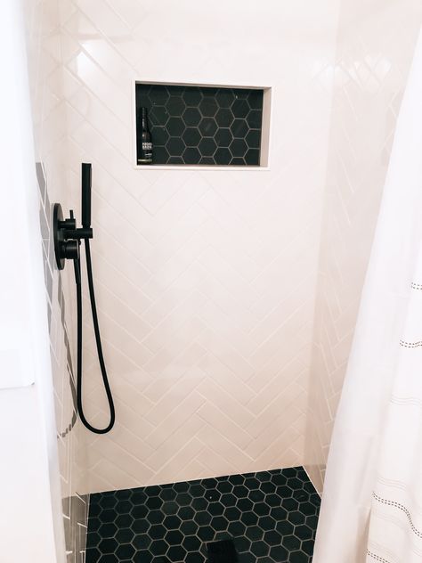 Black And White Shower Tile Ideas, Hexagon Floor Tile, White Shower Tile, Black Tile Bathrooms, Black And White Tile, White Tile Shower, Hexagon Floor, Small Bathroom Tiles, Small Bathroom Makeover