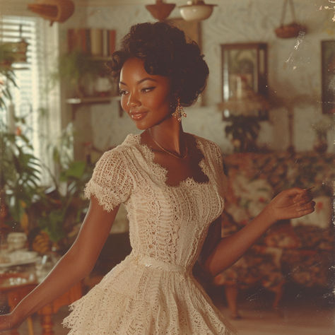 Vintage photo of black woman in 1950's dancing in her living room archive photo ai photo stock photo of woman dancing Black Women 1950s Fashion, 1950s African American Fashion, 1940s Fashion Black Women, 1950s Aesthetic Black Women, 1950 Black Women, Vintage Black Glamour 1970s, Vintage Black Glamour Aesthetic, 50s Fashion Black Women, 1950s Fashion Black Women