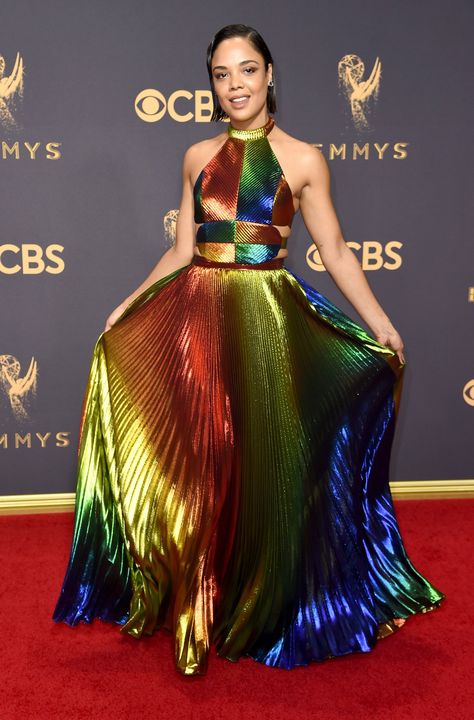 See what Issa Rae, Nicole Kidman, Donald Glover and more celebrities wore on television’s biggest award show. Emmys Red Carpet, Kitchen Carpet, Rainbow Outfit, Tessa Thompson, Rosie Assoulin, Rainbow Fashion, Rainbow Dress, Looks Chic, Red Carpet Dresses