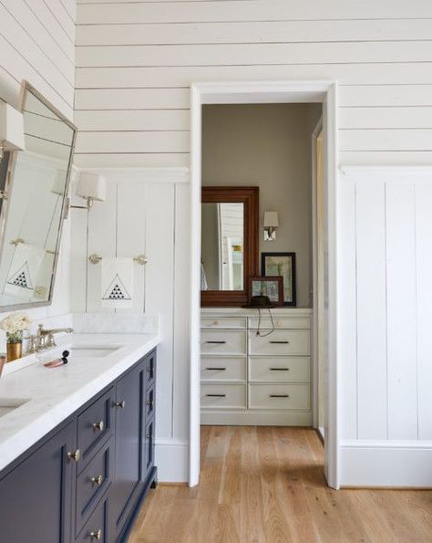 Modern Farmhouse Bathroom with Vertical and Horizontal Shiplap Walls Horizontal Shiplap, Shiplap Farmhouse, Navy Cabinets, Man Bathroom, Bathroom Counter Decor, Serene Bathroom, Ideas For Bathroom, Modern Farmhouse Bathroom, Subway Tiles