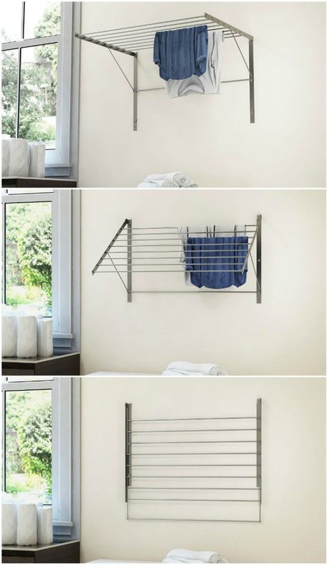 10 space-saving drying racks for small spaces - Living in a shoebox Laundry Drying Ideas Small Spaces, Hanging Laundry In Small Space, Foldable Drying Rack Laundry Wall, Folding Clothes Drying Rack Wall Mount, Laundry Wall Hanging Rack, Fold Down Clothes Rack, Pants Drying Rack, Modern Clothes Rack, Hanging Clothes Racks Laundry Room