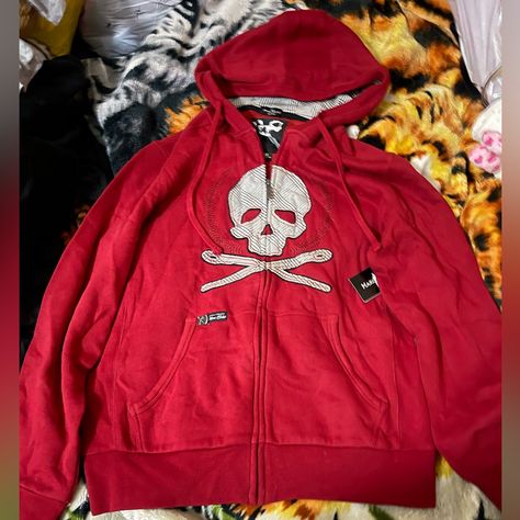 Brand: Mark Ecko , Size: M , Color: Red, Skull Design, Zip Up Hoodie,New With Tag, 60% Cotton,40% Polyester, Hoodie Lining 100% Cotton Zip Up Hoodie Design Ideas, Red Zip Up, Alt Hoodie, Red Zip Up Hoodie, Silly Clothes, Hoodie Png, Skater Outfits, Sweaters Men, Brand Mark