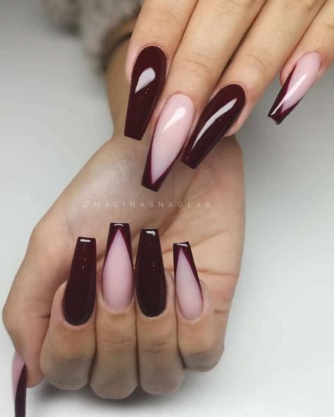 Deep Burgundy Nail Designs Deep Maroon Nails Design, Burgundy And Pink Nails Acrylic, Acrylic Nail Designs Burgundy And Gold, Wedding Nails Bridesmaid Burgundy, Bergandi Nails, Valentines Day Nails Burgundy, Deep Burgundy Nail Designs, Burgundy And White Nails Acrylic, Burgundy Nail Art Designs Classy