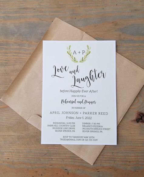 greenery-monogram-rehearsal-dinner-invitation-1 Rehearsal Dinner Invitation Ideas, Rehearsal Dinner Invitations Wording, Rehersal Dinner Invitations, Dinner Invitation Wording, Rehearsal Dinner Inspiration, Rustic Elegance Wedding, Wedding Rehearsal Dinner Decorations, Wedding Door Hangers, Wedding Rehearsal Invitations