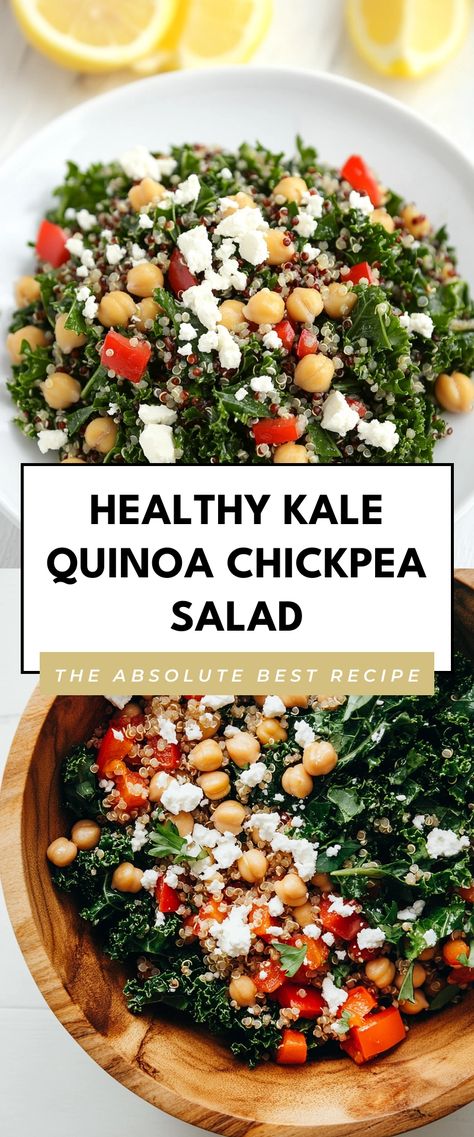 Image for Healthy Kale Quinoa Chickpea Salad Quinoa Broccoli Salad, Meals With Quinoa, Healthy Quinoa Recipes, Easy Kale Salad, Quinoa Kale Salad, Chickpea Quinoa Salad, Chickpeas Recipes, Quinoa Health Benefits, Quinoa Chickpea Salad