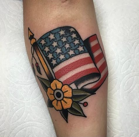 American Traditional Army Tattoos, American Traditional Flag Tattoo, Traditional Flag Tattoo, Floral Tattoos Black And White, Sully Tattoo, American Flag Tattoos For Women, Eat Tattoo Ideas, Building Tattoos, Usa Flag Tattoo