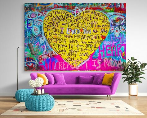 Graffiti Love Heart Colorful Bright Street Pop Art Canvas Print Wall Decor Modern Motivation Extra Large Urban Ready to Hang Painting - Etsy Painting Words On Canvas, Artsy Living Room, Street Graffiti Wall Art, Multicolor Painting, Street Pop Art, Artwork Living Room, Street Art Style, Pop Art Decor, Whimsical Wall Art