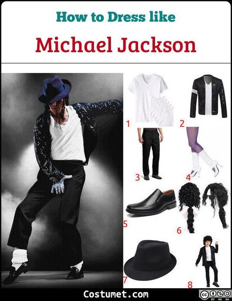 For Billie Jean, Michael wore a white, V-neck undershirt tucked into black slacks, a black sequined jacket, white leg warmers, black loafers, a single silver sequined glove, and a black fedora.             #Artist #male #icon #black #personality #pop #MichaelJackson Michael Jackson Kids Costume, Michael Jackson Bad Costume, Michael Jackson Halloween Costume, Michael Jackson Zombie, Michael Jackson Halloween, Billie Jean Michael Jackson, Michael Jackson Party, White Leg Warmers, Michael Jackson Costume