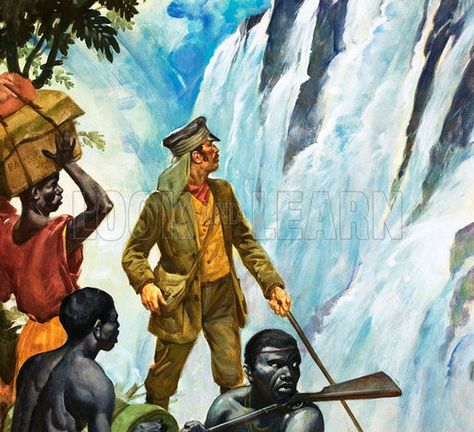 Livingstone at Victoria Falls Falls Illustration, David Livingstone, James Cook, Learn History, Autumn Illustration, Livingstone, Adventure Aesthetic, History Images, Victoria Falls