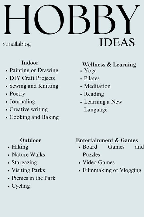 Here are some summer hobby ideas to keep you entertained during the sunny days ahead! Whether you enjoy gardening, painting, or hiking, there's something for everyone to enjoy. Embrace the outdoors and soak up the sun with these fun activities. #SummerHobbies #OutdoorFun #SunshineDays #HobbyIdeas Hobbies To Keep You In Shape, Indoor Hobbies Ideas, Winter Hobby Ideas, Elegant Hobbies, Cheap Hobbies For Women, Stranded Island, Winter Hobbies, Hobbies Aesthetic, Calm Soul