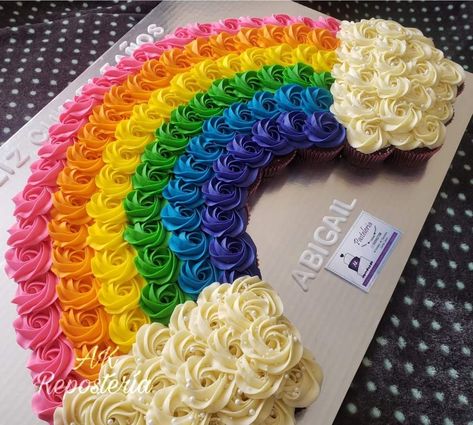 Rainbow Cupcakes Cake, Rainbow Birthday Cupcake Cake, Rainbow Sheet Cake Ideas, Rainbow Sheet Cake Birthday, Rainbow Birthday Cupcakes, Rainbow Sheet Cake, Rainbow Cupcake Cake, Flower Cupcake Cake, Rainbow Themed Birthday Party