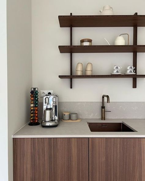 Japandi Coffee Corner, Coffee Corner Kitchen, Cherry Lady, Kitchen Countertop Decor, Coffee Board, Countertop Decor, Coffee Nook, Japandi Interior, Kitchen Aesthetic