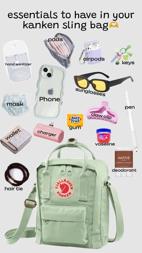 #mintgreenkankenslingbag#kanken#essentials#slingbag#aesthetic#bagessentials#green Sling Bag Essentials, Kanken Sling Bag Aesthetic, Kanken Bag Aesthetic, Kanken Wallet, Fjallraven Kanken Aesthetic, Bookbag Aesthetic, Kanken Backpack Aesthetic, Kanken Aesthetic, Sling Bag Aesthetic