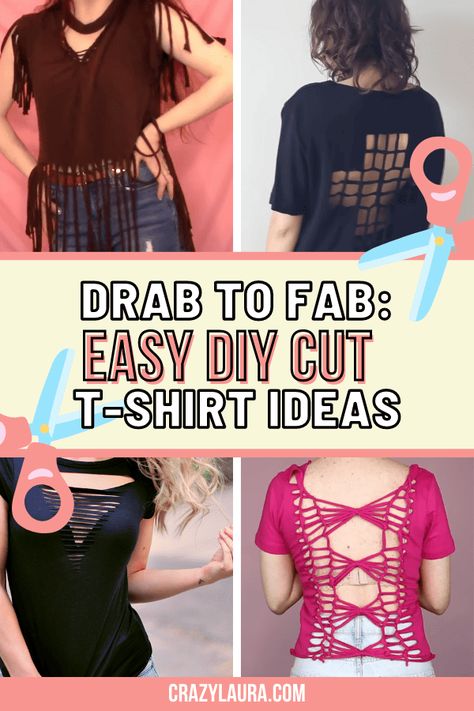 We've got something exciting for you: DIY cut T-shirt ideas! These will revolutionize your wardrobe without requiring any sewing skills. #DIY #Upcycled #Handcrafted Shirt Distressing Diy, Cutout Tshirt Diy Shirt Ideas, Diy Distressed Shirt, How To Cut A Tshirt Cute, Diy Cutout Shirt, Cut Tshirt Designs, Braided Shirt, Shirt Alterations, Cut Tshirt Diy