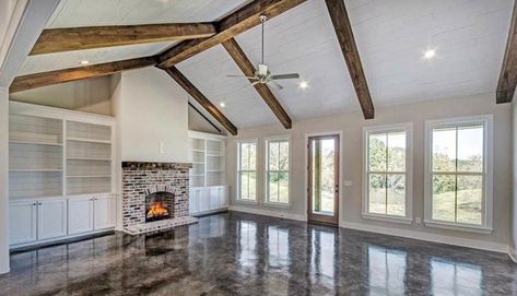 Modern Farmhouse living room stained concrete floors 4 Bedroom Farmhouse Plans, Country House Plan, Farmhouse House, Barn Style House, Exposed Beams, Metal Building Homes, House Plans Farmhouse, Modern Farmhouse Plans, Pole Barn Homes