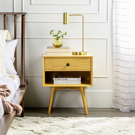 Bedside Tables, Bedside Cabinets & Sets You'll Love | Wayfair.co.uk Boho Bedroom Nightstand Bedside Tables, Retro Bedside Table Ideas, Nightstand Aesthetic Bohemian, Small Wood Nightstand, Bedside Table Wooden, Mid Century Bedding Ideas, Solid Wood Nightstand, Mid Century Bedside Table, Bedside Table Boho