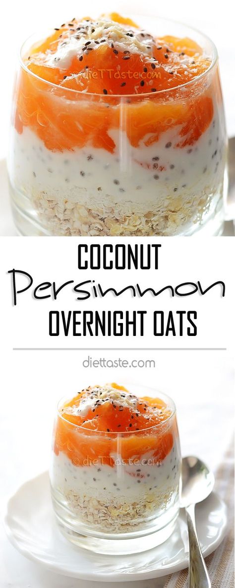 Persimmon Coconut Overnight Oats - sweet ripe fruit is combined with shredded coconut, rolled oats and almond milk for super-easy grab-and go breakfast - diettaste.com Overnight Oats Diet, Oats Diet, Coconut Overnight Oats, Fuyu Persimmon, Kitchen Nostalgia, Persimmon Recipes, Break Fast, Breakfast Goodies, Grab And Go Breakfast