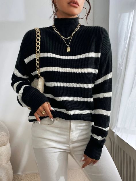 Pullover Outfit, Custom Made Clothing, Long Sleeve Jumper, High Neck Sweater, Drop Shoulder Sweaters, Mode Style, Knitwear Women, Stripe Sweater, Sleeve Sweater