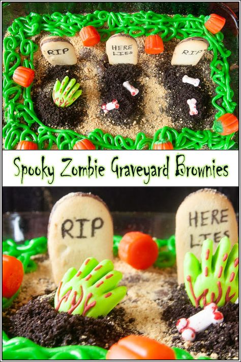 Graveyard brownies are the perfect spooky treat to make with the kids for Halloween. Brownies get dressed up with cookie tombstones, scary bone sprinkles and mounds of dirt for a bone chilling treat. #Halloween #baking #recipe #foodcraft Graveyard Sheet Cake, Graveyard Brownies Halloween Treats, Tombstone Brownies, Cookie Tombstones, Brownie Graveyard, Graveyard Brownies, Baking Competition, Cheese Ideas, Halloween Brownies