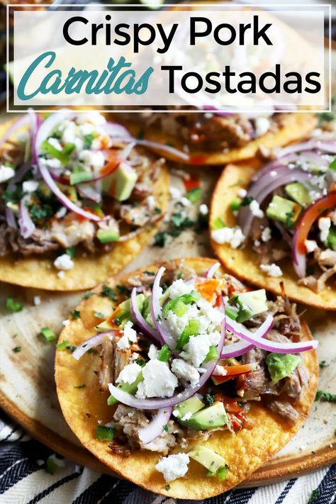 Carnitas Tostadas, Tostadas Chicken, Tinga Tostadas, Crispy Carnitas, Instant Pot Carnitas, Tostada Recipes, Chicken Tinga, Grilled Corn Salad, Hearty Snacks