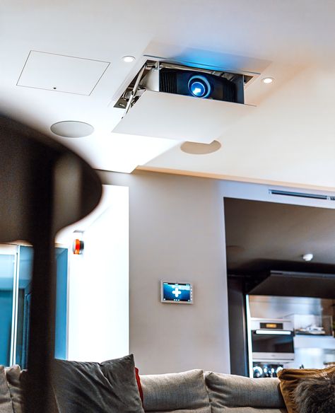 Hidden Movie Screen, Ceiling Projector Mount, Projector From Ceiling, Projector Setup Ideas, Projector Room, Cinema Room Design, Projector Ideas, Projector Ceiling, Sala Cinema